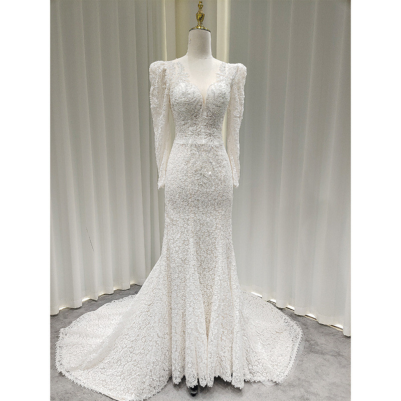 レース 長袖 トレンドレス ウェディングドレス 白 裾引き 高級感 上品 花嫁 結婚式 前撮り お呼ばれ AK034
