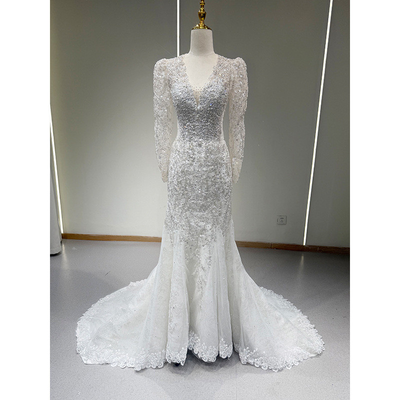 レース 長袖 トレンドレス ウェディングドレス 白 裾引き 高級感 上品 花嫁 結婚式 前撮り お呼ばれ AK035