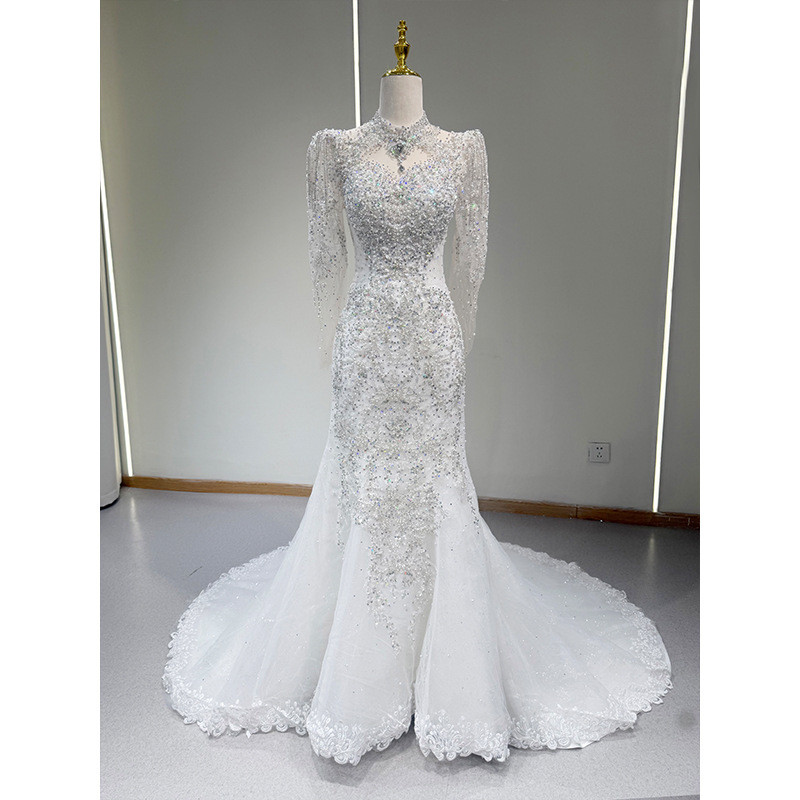 レース トレンドレス ウェディングドレス 白 裾引き スリム 高級感 上品 花嫁 結婚式 前撮り お呼ばれ AK037