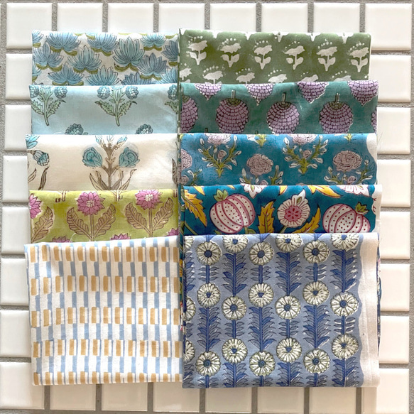 インド ブロックプリント生地 ミニカットクロス 10枚セット寒色系vol.15 ファブリック はぎれIF0334 2枚目の画像