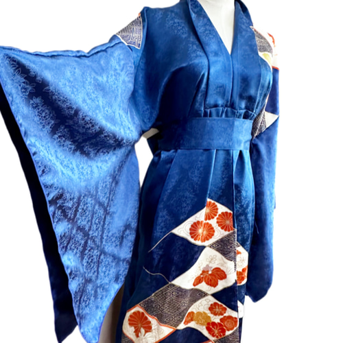 超ロング 振袖 着物リメイクドレス 和柄 ワンピース 着物袖ヒラヒラ 椿