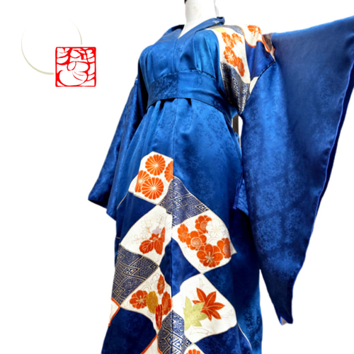 超ロング 振袖 着物リメイクドレス 和柄 ワンピース 着物袖ヒラヒラ 椿