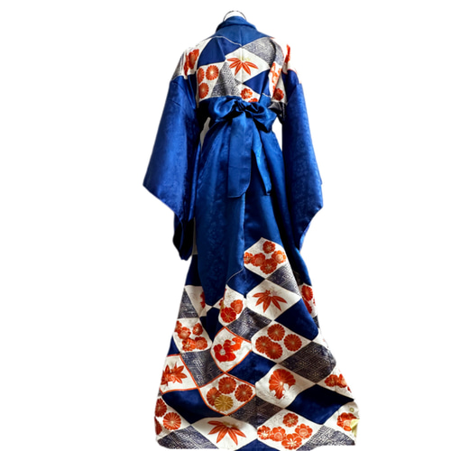 秋冬　振袖　着物リメイク　ドレス　ネイビー×金花　和柄　ワンピース　ハンドメイド 秋冬 振袖 着物リメイク ドレス ネイビー×金花 和柄 ワンピース