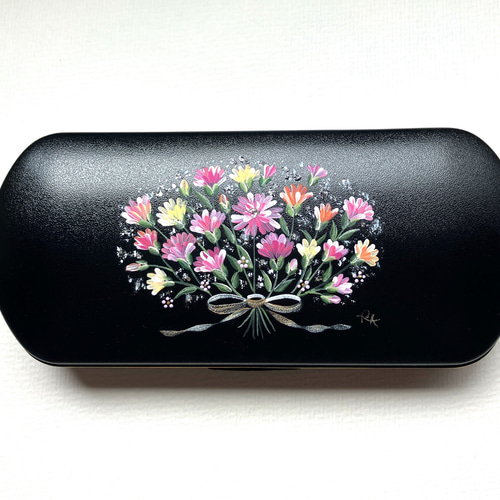 手描き カーネーション花束 メガネケース トールペイント 花柄 メガネ