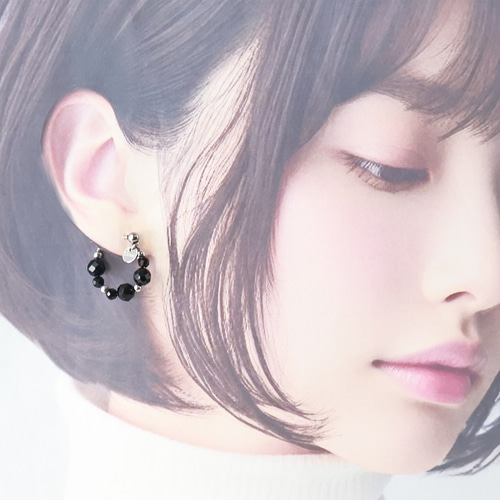 レディーブラック オニキスとステンレスのフープピアス 金属アレルギー