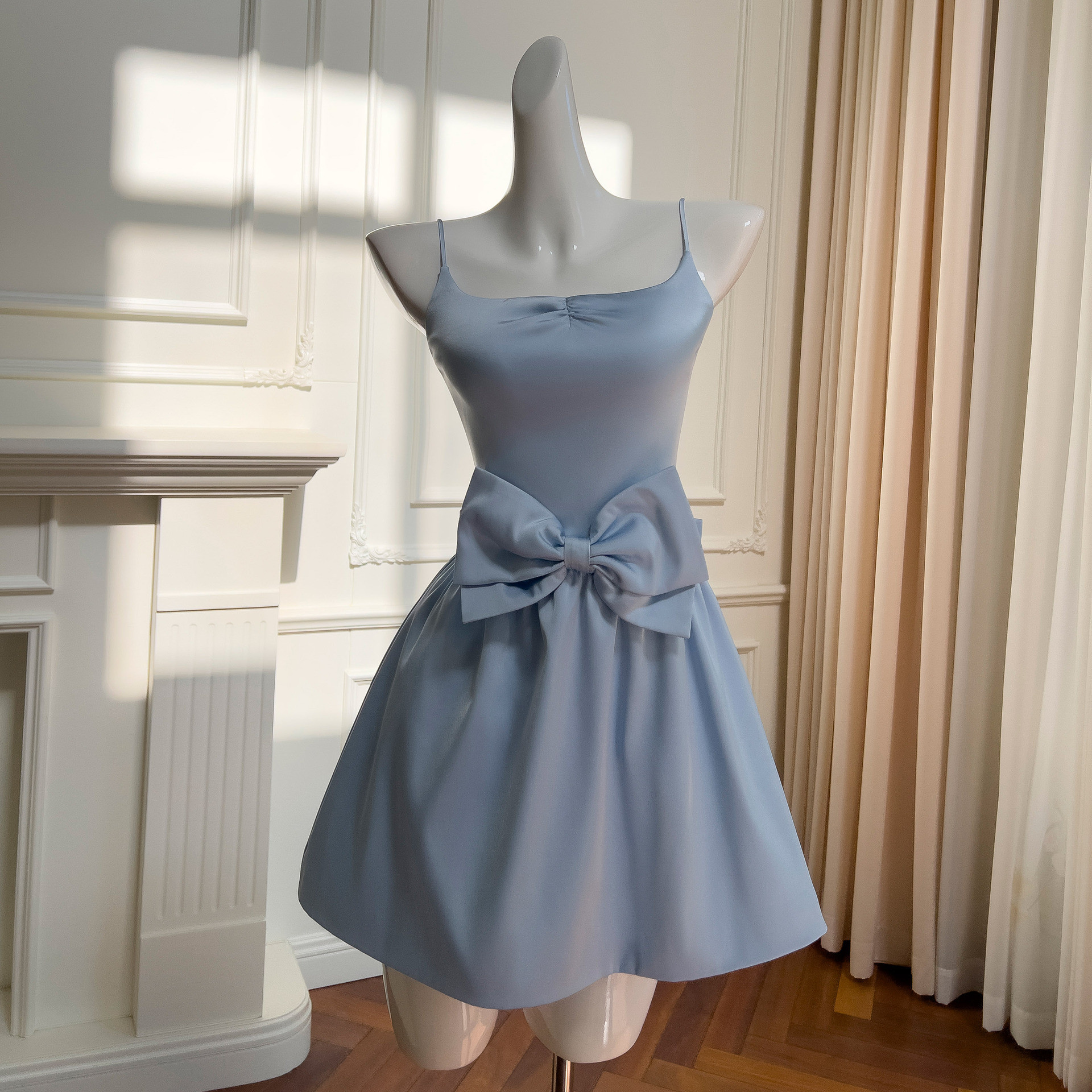 カラードレス ウェディングドレス ワンピース ショート丈 青 韓国風 パーティー 前撮り お呼ばれ A8906