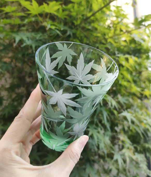 重ね紅葉 緑タンブラー サンドブラスト もみじグラス グラス 月のGlass