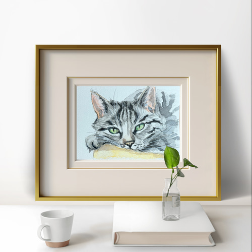 水彩画 原画｜猫ポートレートアート｜緑の瞳の猫イラスト 手描き