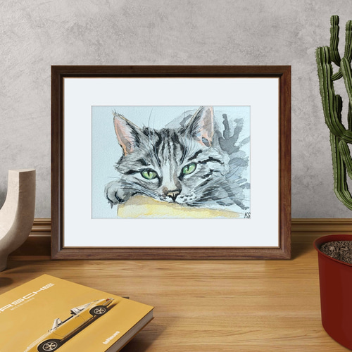 原画 『 黒板の 』アクリル水彩画 絵画 猫 イラスト ねこ アート 原画『 Gaze 』アクリル水彩画 絵画 ねこ アート 猫イラスト 猫