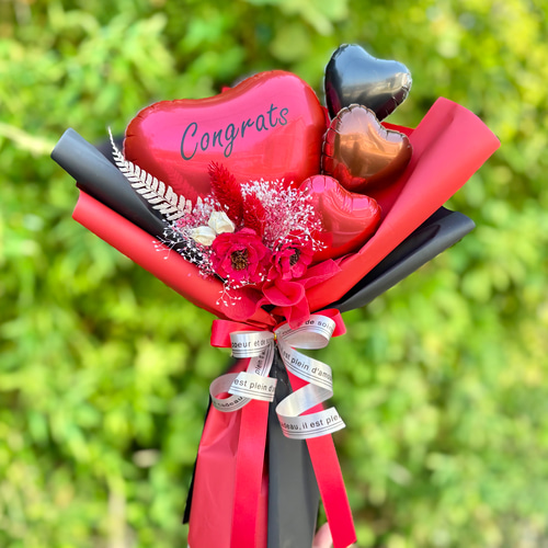 RED♡バルーンブーケ 即日出荷 フラワーバルーンブーケ レッド｜名入れ可｜誕生日・記念日・発表会