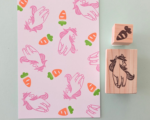 にんじん＆馬(右向き)の消しゴムはんこ2点セット 年賀状・御朱印・手帳