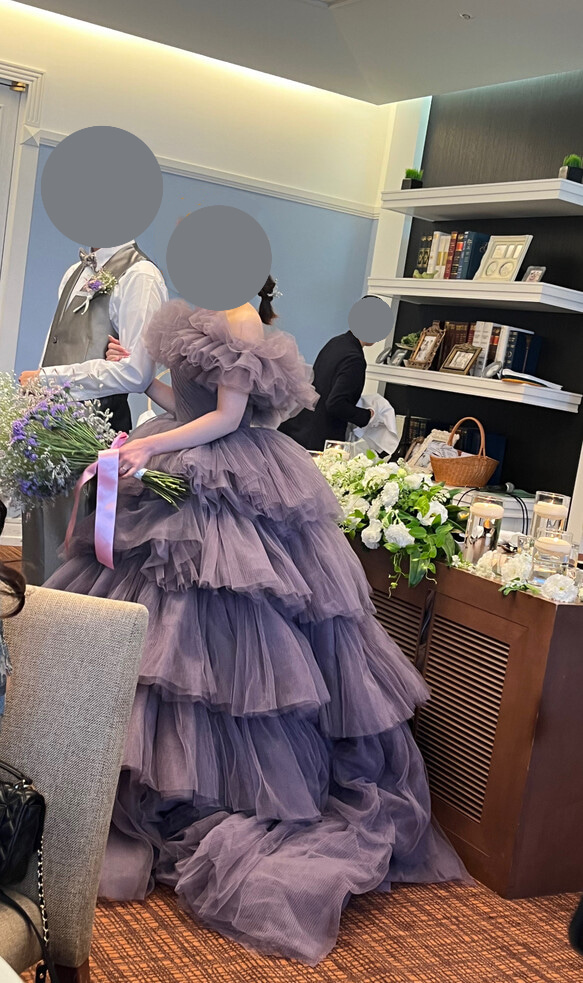 実例写真！豪華！ カラードレス パープル オフショル プリーツスカート