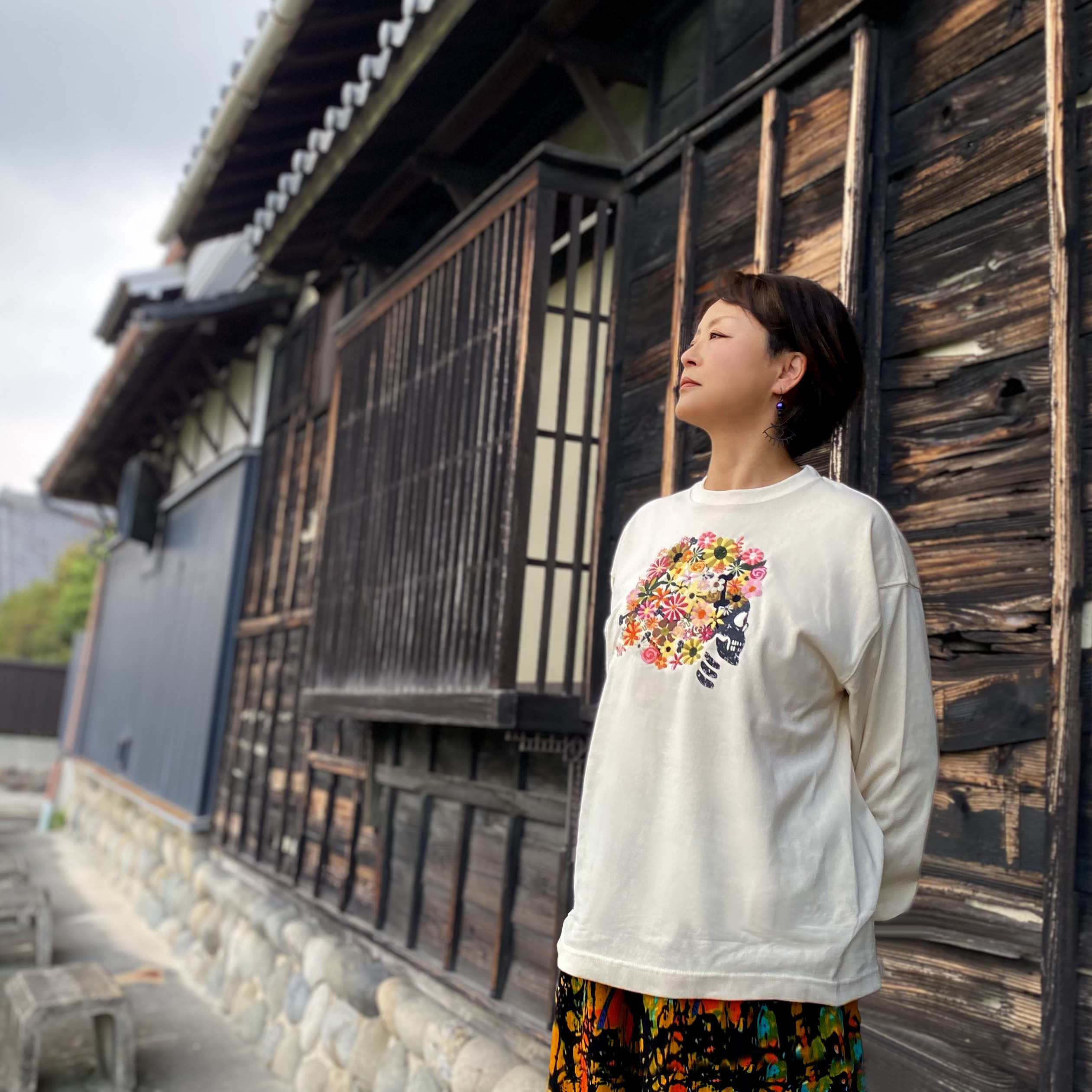 刺繍☆ロンT／花とアフロ 9.1oz