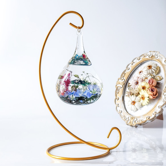 しずく型レジンアート 富士山 逆さ富士 湖 ネモフィラ ドライフラワー 癒し高級インテリア雑貨 1枚目の画像