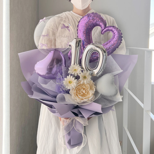 お花屋さんのバルーンフラワー 花束 B306 パープル 成人式 卒業式 結婚