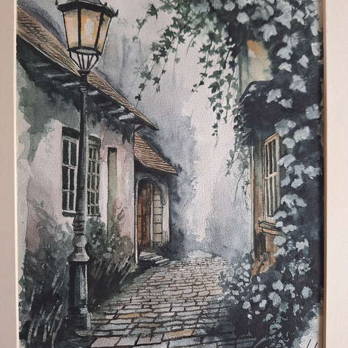 水彩画 石畳の静かな村 絵画 makochin 通販 19777975｜Creema