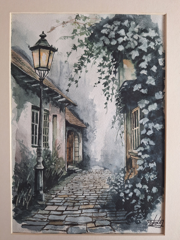 水彩画 石畳の静かな村 絵画 makochin 通販 19777975｜Creema(クリーマ)
