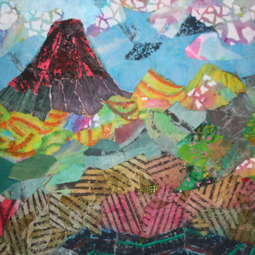 和紙ちぎり絵アート＜ある風景scene富士＞壁掛けタイプ。送料無料