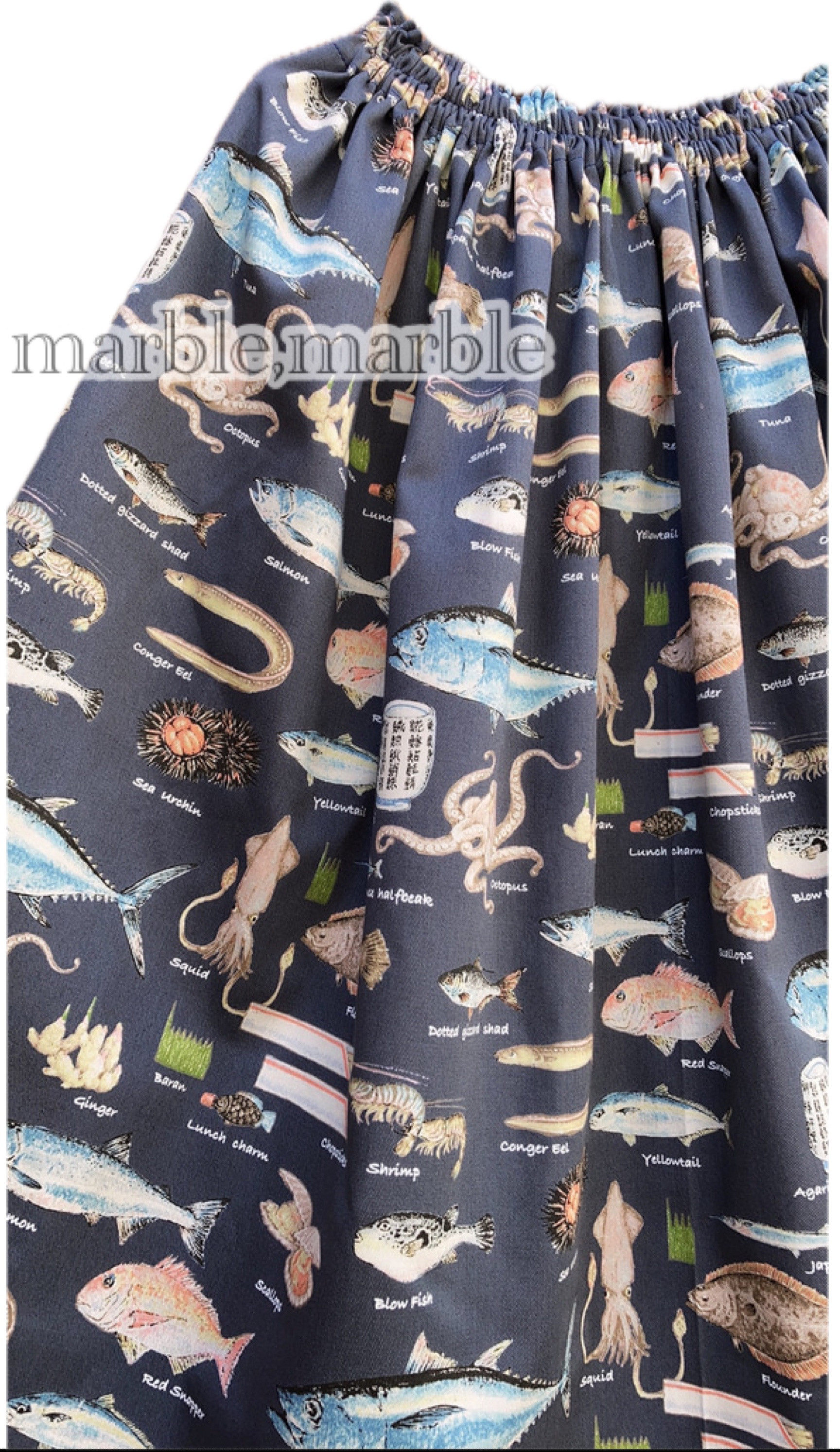 寿司食いねぇ！ すし 海洋生物スカート　海の生き物　海　大人スカート　ギャザースカート　海洋生物　寿司　スシ