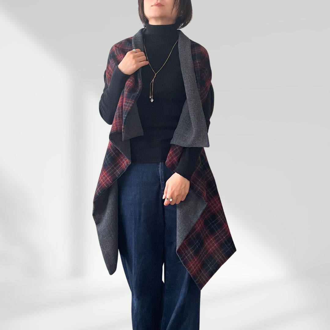 ウール100％ 大判リバーシブルストール ウールガーゼ・チェック×無地 ベージュ グレー