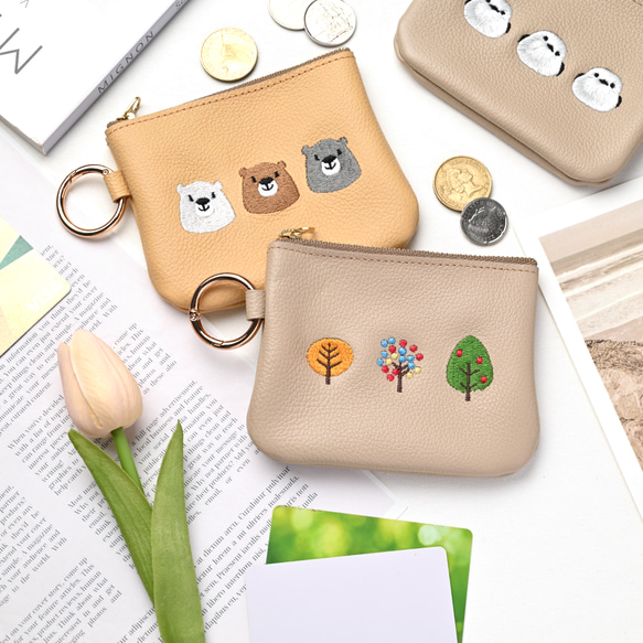 リング付ポーチ 【 シュリンクレザー 刺繍 】 スマートキーケース