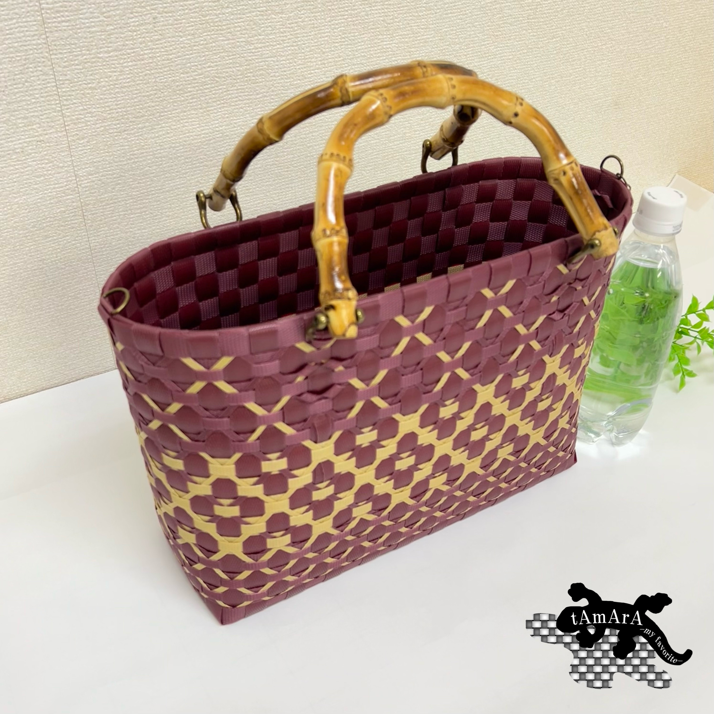 【受注製作】プラカゴ　Mサイズ/A4　M-481　ワインレッド*ブラウン　2way　バンブーハンドル　プラカゴバッグ