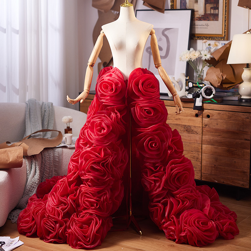 ロングトレーン 赤大トレーン 豪華 薔薇バラ DIY ドレスアクセサリー パーティー ウェディングドレス DTY408