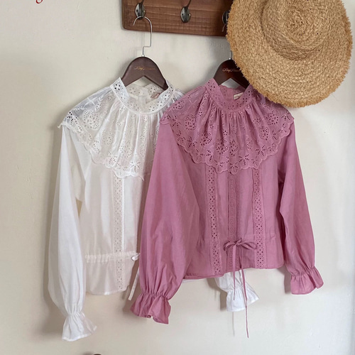 2色 ビンテージ風カットレース ペプラム裾 長袖ブラウス【春秋】白