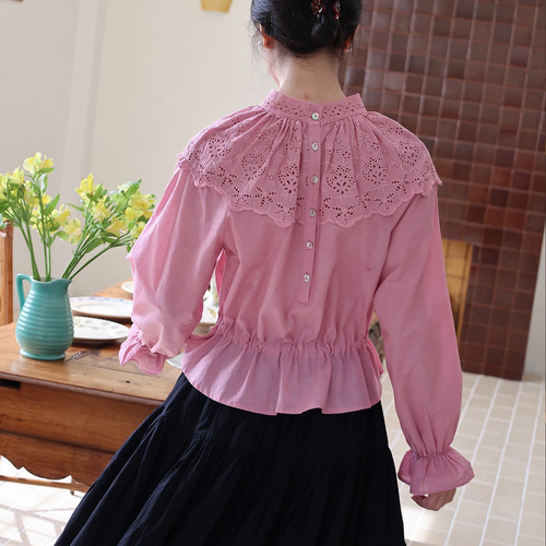 2色 ビンテージ風カットレース ペプラム裾 長袖ブラウス【春秋】白