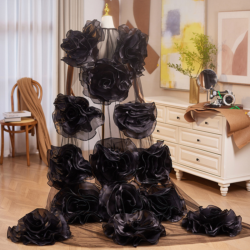 ケープ ロングトレーン 裾引き 黒 立体花 綺麗 DIY 肩飾り アクセサリー ウェディングドレス DTY262