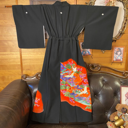 和洋折衷 黒留袖 着物 リメイク ロング ワンピース ドレス朱のぼかし雲