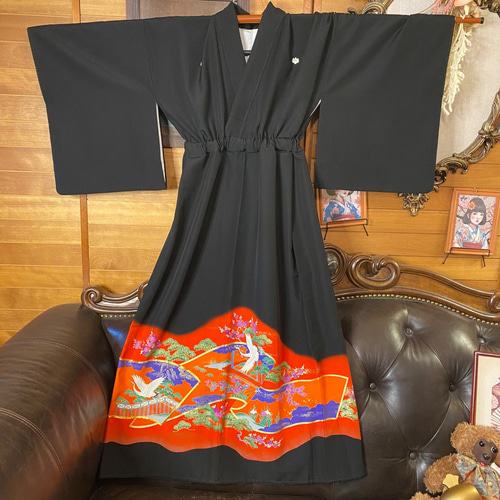 和洋折衷 黒留袖 着物 リメイク ロング ワンピース ドレス朱のぼかし雲