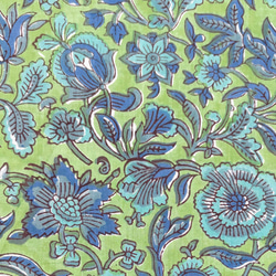 【50cm単位】リーフグリーンブルーフラワー　インド　ハンドブロックプリント生地  コットン 2枚目の画像