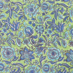 【50cm単位】リーフグリーンブルーフラワー　インド　ハンドブロックプリント生地  コットン 3枚目の画像