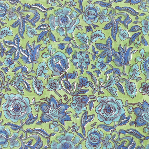【50cm単位】リーフグリーンブルーフラワー　インド　ハンドブロックプリント生地  コットン 3枚目の画像