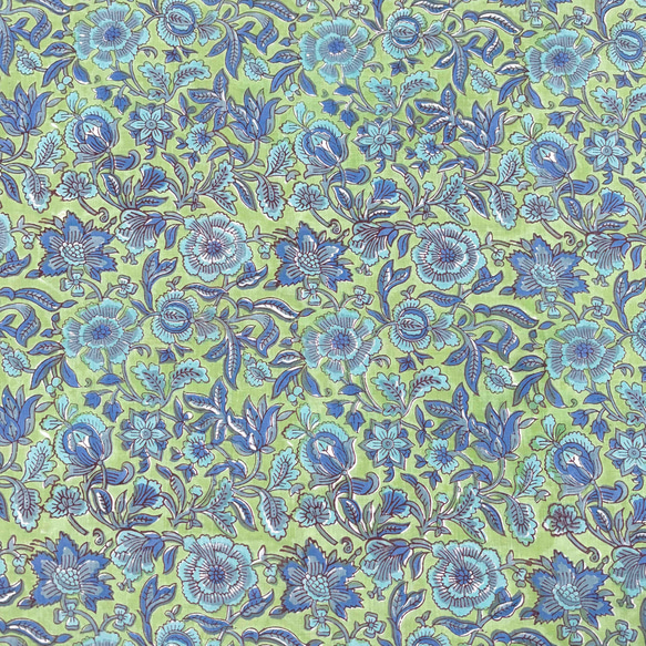 【50cm単位】リーフグリーンブルーフラワー　インド　ハンドブロックプリント生地  コットン 4枚目の画像