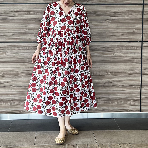 ブロックプリントバルーンスリーブワンピース　レッド