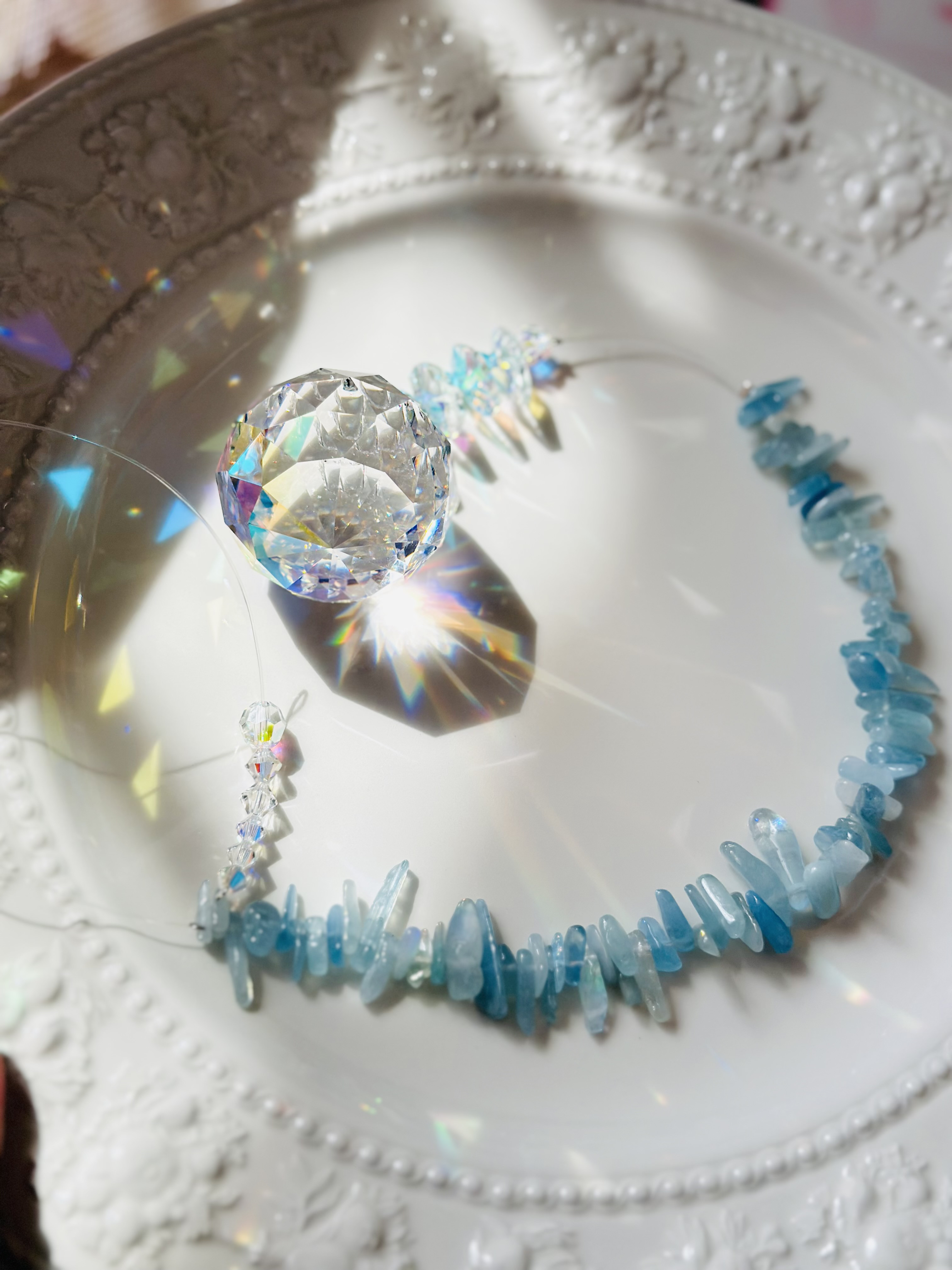 天然石アクアマリンとクリスタルのロングサンキャッチャー サン