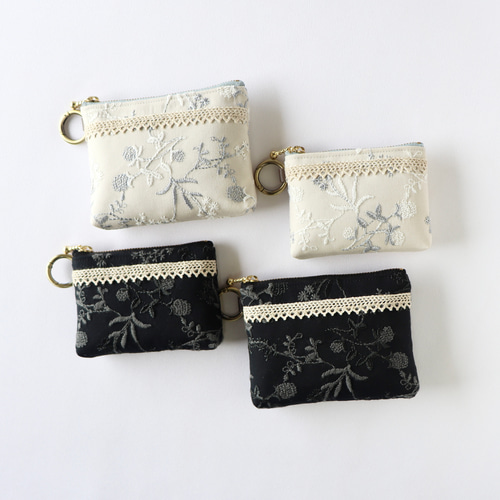 刺繍×レースのミニミニポーチ/ミニポーチ A カラビナ付き リング