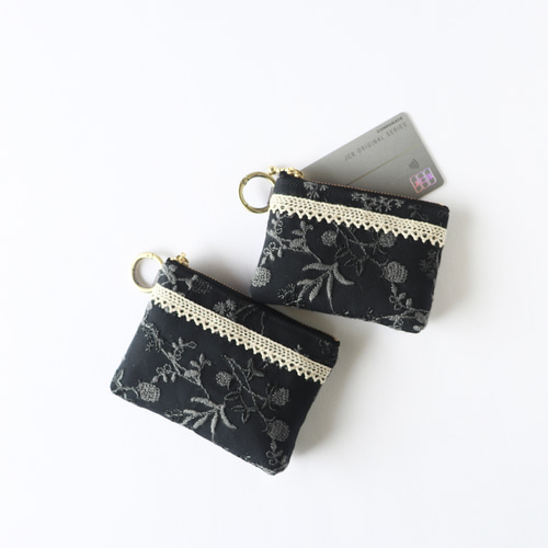 刺繍×レースのミニミニポーチ/ミニポーチ A カラビナ付き リング