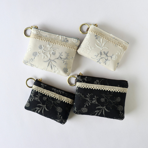 刺繍×レースのミニミニポーチ/ミニポーチ A カラビナ付き リング