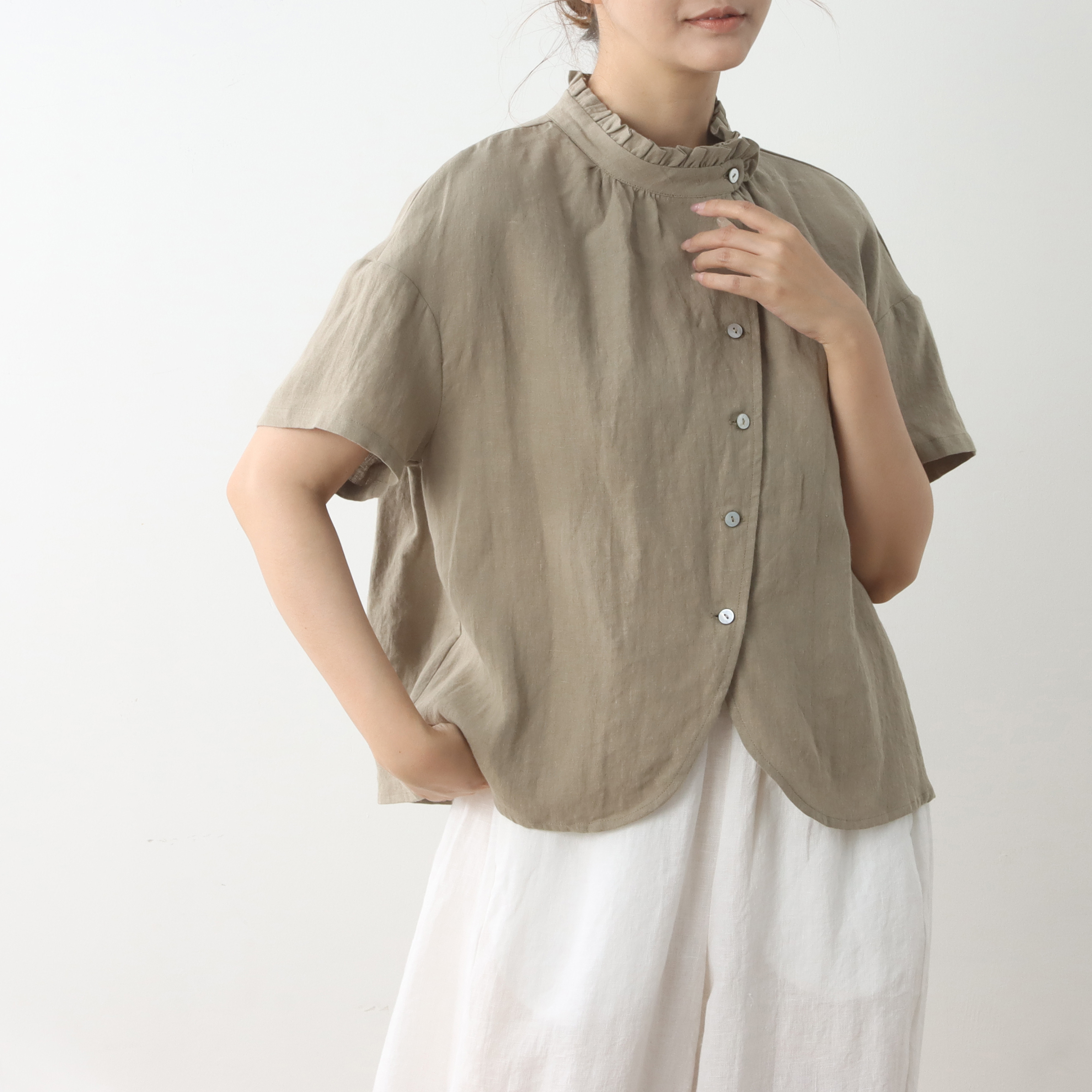 全27色から　上質リネン100％　スタンドカラー　フリルブラウス ♪オーダーサイズ可