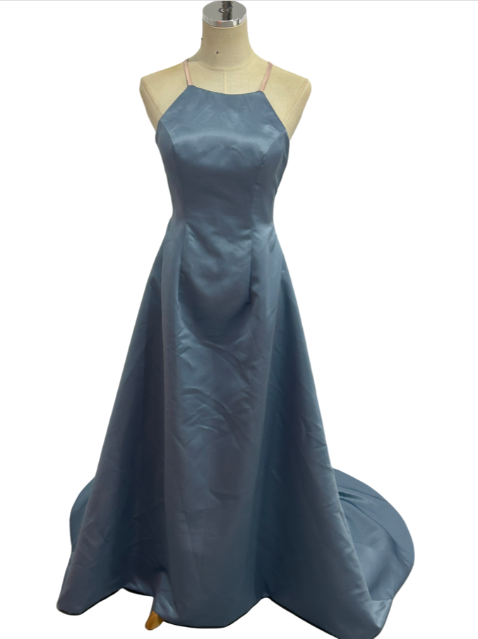 パーティードレス  爽やかで優しいブルー キャミソール 背中見せ 光沢サテン 細見えシルエット  前撮り