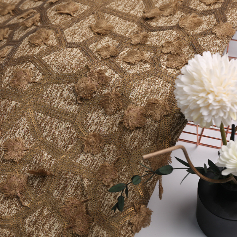 長さ1m デニム生地 2色 コーヒー色 緑 刺繡 スパンコール 立体フリンジ 上品 大判 布ぬの きじ 手芸 KJ218