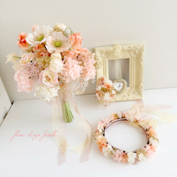 ウェディング リースブーケ ピンクリボン ブートニア付 楽天市場】ピンクブーケ 新郎用ブートニア 花冠 セット ブーケ