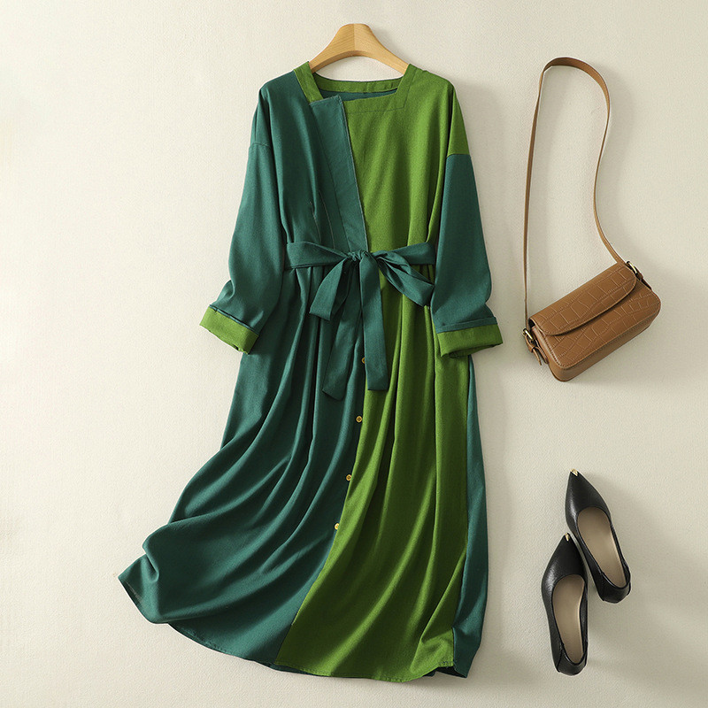 秋レディース中国風レトロカラーブロック 棉麻ロングワンピース【返品・交換可】品質最優先25-255