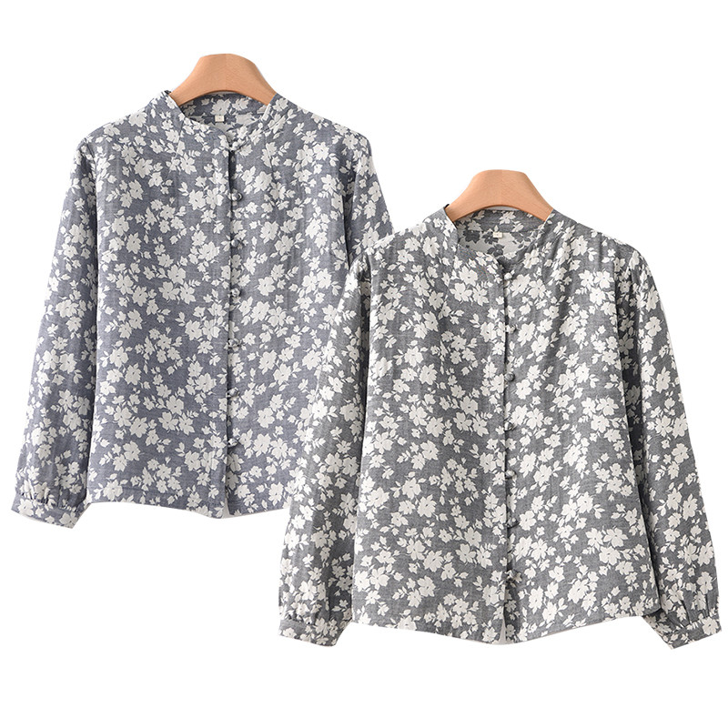 綿麻混紡花柄シャツ　綿麻長袖シャツ　ブルーとグレー2色　M-2XLサイズ　L705