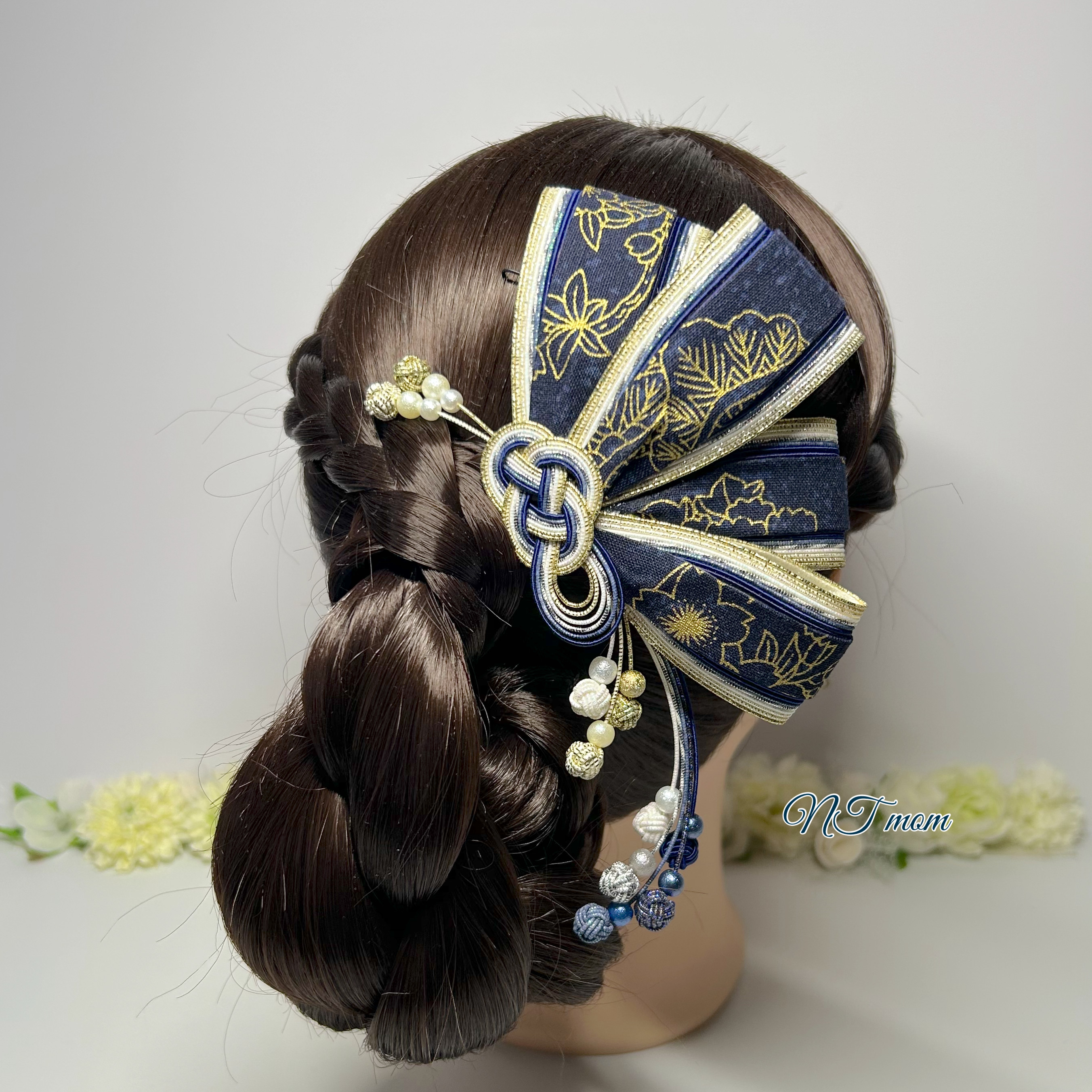 成人式卒業式結婚式・水引髪飾り・蝶リボン・紺
