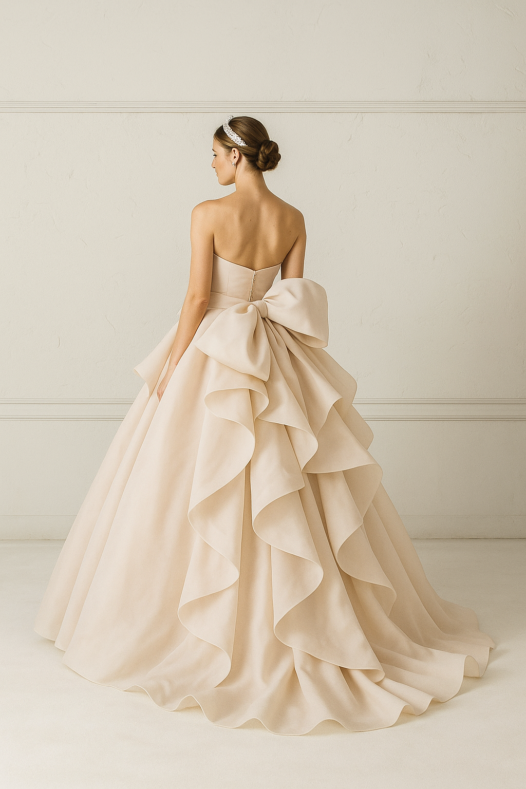 ベージュフリルカラードレス　ベアトップ　フリルトレーン（取り外し）　二次会　結婚式　前撮り