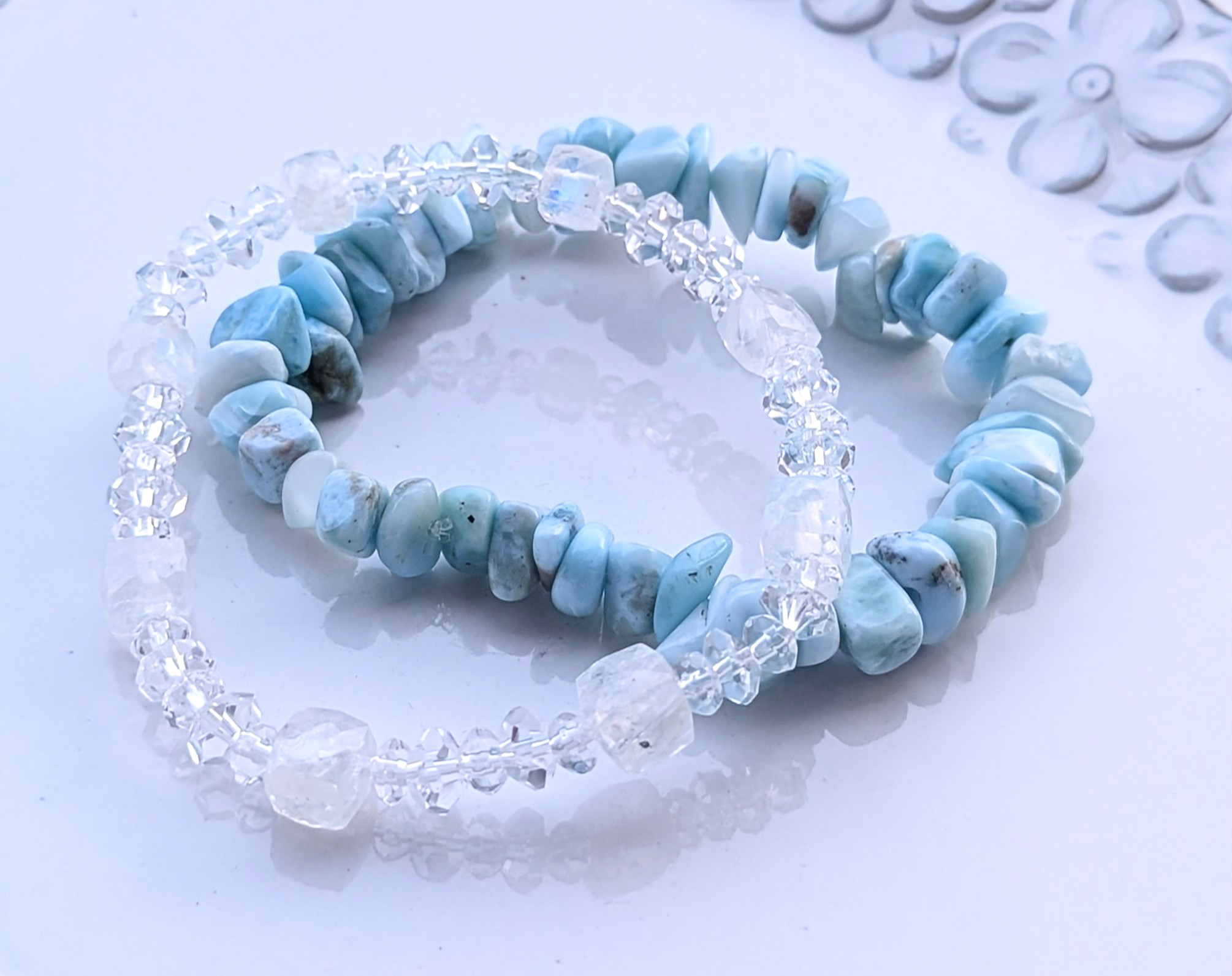 ✨人生の流れに乗り豊かさを創造するクリスタル✨ラリマーとホワイトラブラドライト&クリアクォーツのブレス《2本セット》✨